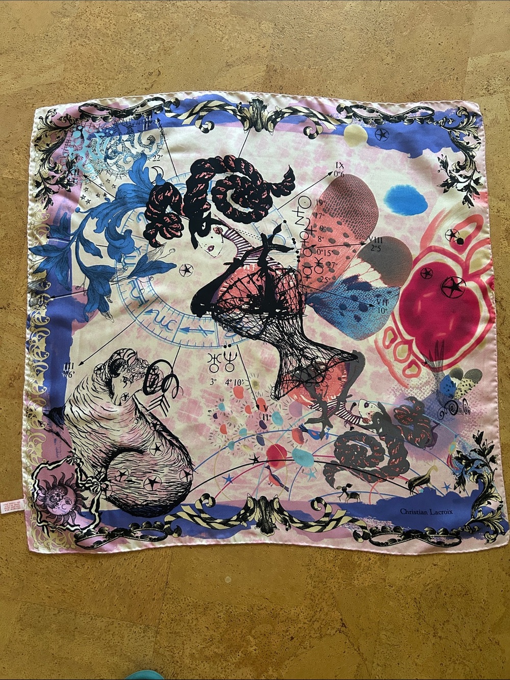 Christian Lacroix Pink Blue Multicolor Silk Scarf with Artistic Print